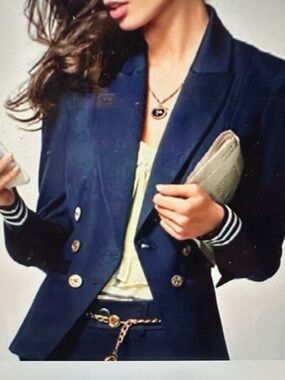 CAbi Navy Double-Breasted Blazer with Gold Buttons and Striped Cuffs